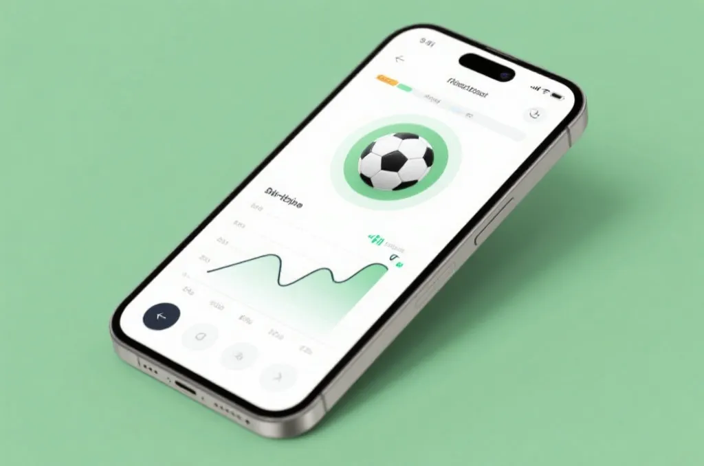An elegant smartphone mockup showcasing dynamic sports statistics graphs and soccer ball icon, clean user interface design, soft green background